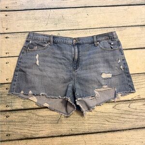 Aerie soft denim high rise blue distressed Jean Shorts with elastic on back. XL